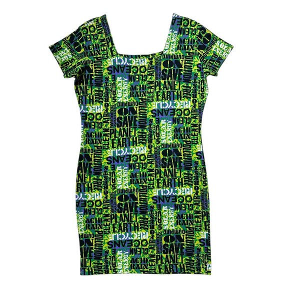 90s vintage Environment Slogan Print Mini Dress Stretch Bodycon Planet Earth. - Picture 3 of 7